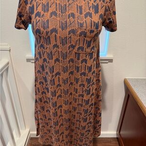 LuLaRoe Carly High-Low Knit Dress in Brown and Black Abstract Print